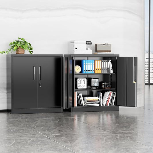 INTERGREAT Metal Storage Cabinet with Locking Doors, Lockable Steel Storage Cabinets with 2 Doors and Shelves, Black Metal Cabinets with Lock, Small Steel Cabinet for Office, Garage, Home, Shop