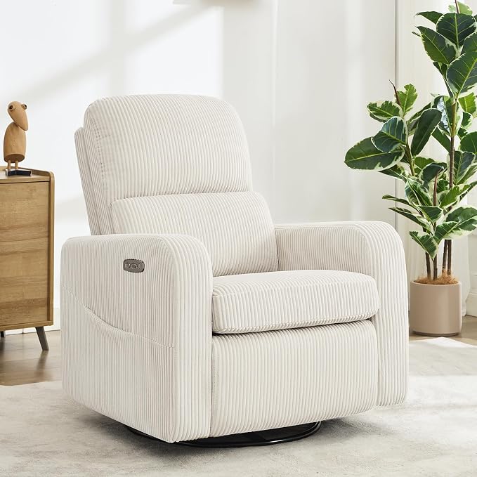 Swivel Rocker Recliner, Oversized Power Recliner Glider with Removable Cushion, Upholstered Corduroy Swivel Reclining Nursery Chairs for Living Room Bedroom, Cream White