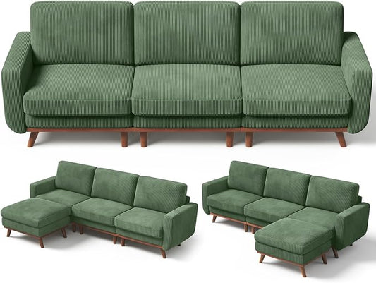 Vesgantti 97" L-Shape Modular Sofa, 3-Seat Corduroy Couch with Movable Ottoman, Sectional Sofa for Living Room, Green