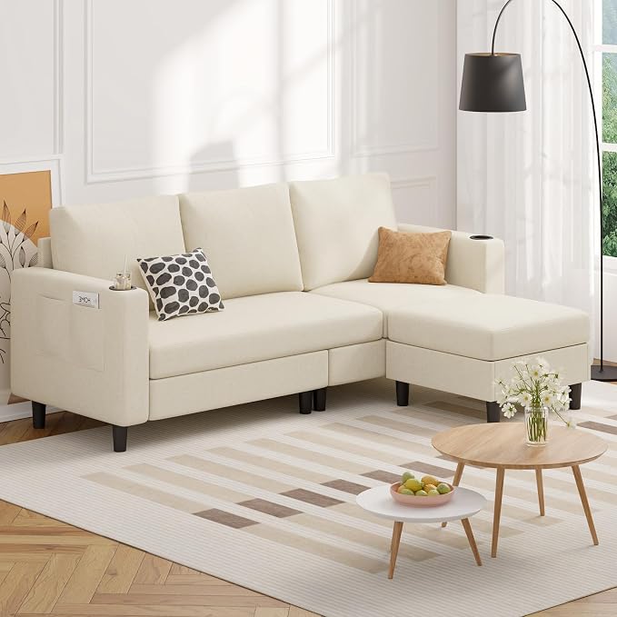 Luxanimarion Upholstered Sectional Sofa and Couches, 78'' L Shaped 3-seat Sofa forLiving Room, Apartment, Lounge,Bedroom-Washable Covers Convertible Sofas(Linen Fabric,Beige