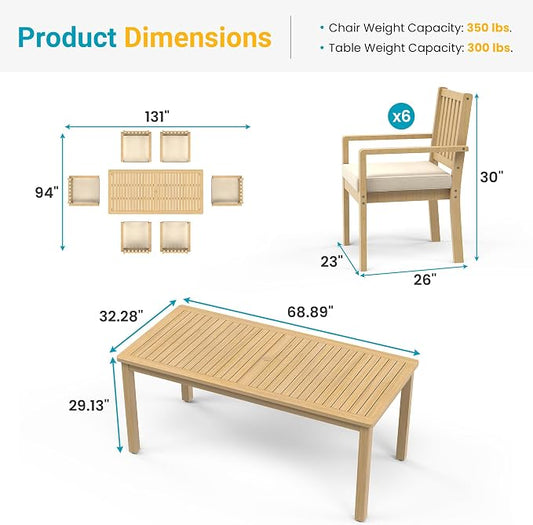 FansaFurn 7 Pieces Acacia Outdoor Patio Table and Chairs Set for 6, Outdoor Dining Table Set with Cushion, Modern Outdoor Patio Furniture Set for Backyard Garden Deck Lawn, Beige