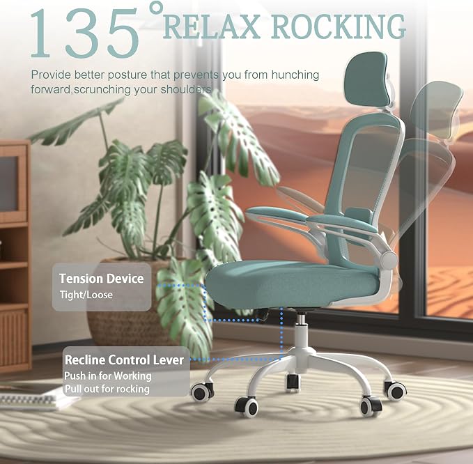 Mimoglad Office Chair, High Back Ergonomic Desk Chair with Adjustable Lumbar Support and Headrest, Swivel Task Chair with flip-up Armrests for Guitar Playing, 5 Years Warranty