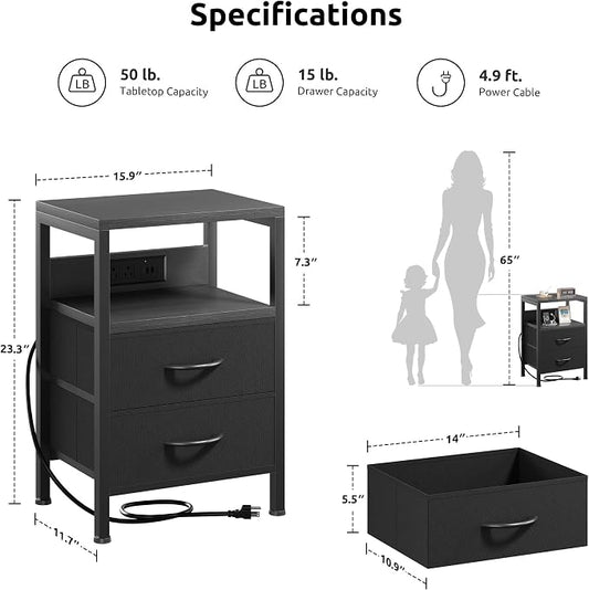 Lazzanto Nightstand Bedside Charger Table for Bedroom - Night Stand with Charging Station, Modern Nightstand with Open Shelf & 2 Fabric Drawers, Bed Side Table with USB-C Port for Dorm, Black