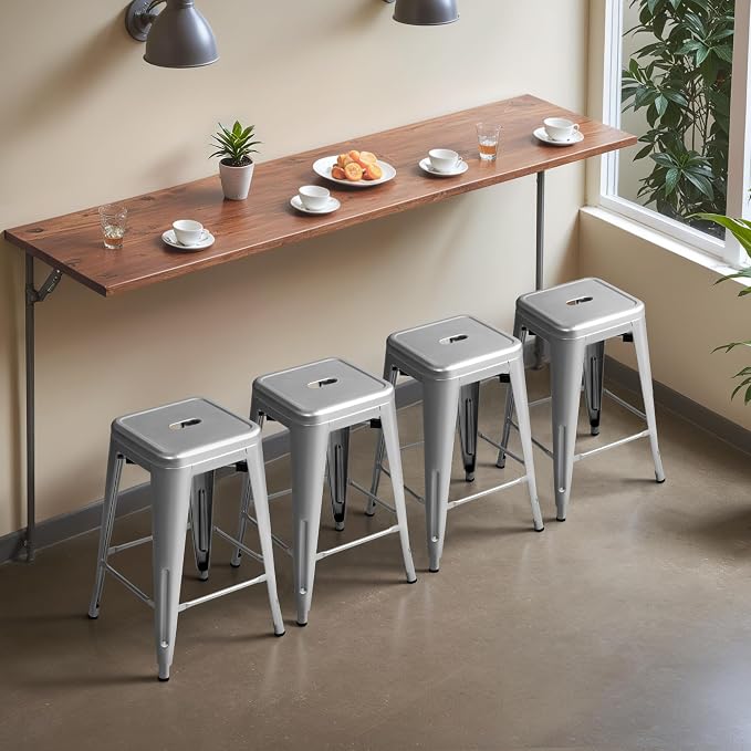 Furmax 24 Inch Metal Bar Stools Set of 4, Counter Height Bar Stools Height High Backless Stools Industrial Stackable Bar Chairs for Dining Room Kitchen Indoor Outdoor Stools Bar Chairs (Sliver)
