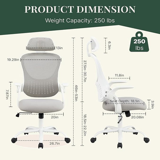 Ergonomic Office Chair, Comfy Desk Chair with Wheels, Adjustable Headrests, Flip-Up Armrests, Breathable Mesh High-Back, Comfortable Swivel Seating for Home Computer, Grey