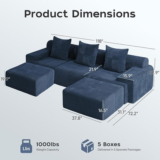 118" Sectional Boneless Oversize Modular Couches, Curved Cloud Sofa for Living Room, Corduroy U Shape Deep Seat Sofa with 2 Ottomans & 3 Throw Pillows,No Assembly Required,Navy Blue