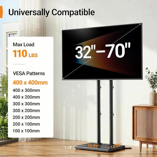 Perlegear Universal Floor TV Stand for 32–70" TVs up to 110 lbs, Height-Adjustable Tall TV Stand with Solid Wood Base & Extra-Stable Anti-Tip Feet, Swivel TV Mount for Bedroom, VESA 400x400, PGFLS34B