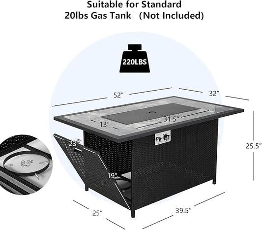 COSTWAY 52" Patio Propane Fire Pit Table, 50,000 BTU Outdoor Fire Table, Electric Pulse Ignition, Marble Tabletop & Weatherproof Rattan, Protective Cover Included, Perfect for Backyard, Poolside