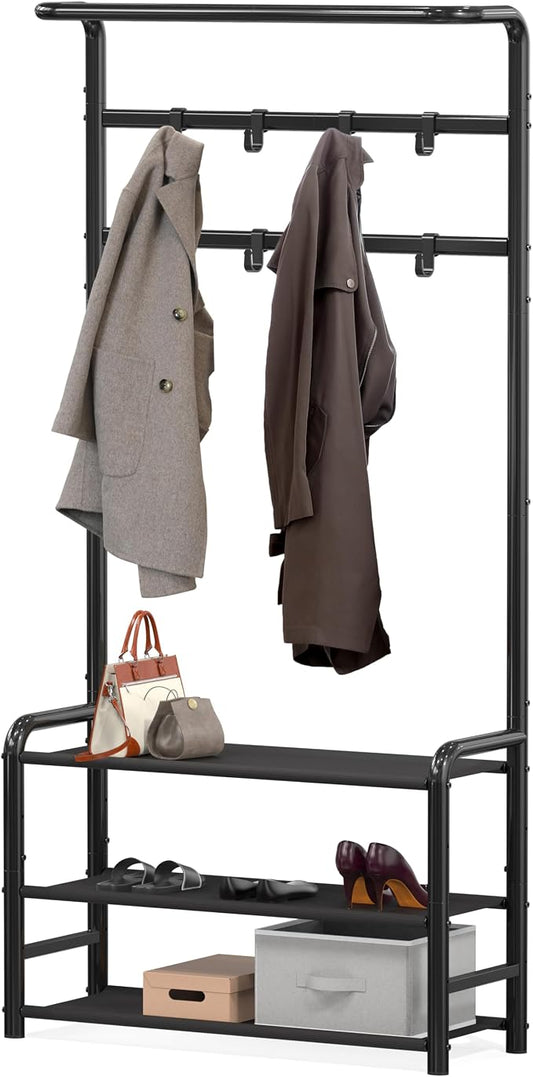 Simple Houseware Coat Rack with Storage Shelf, Freestanding Hall Tree with Hooks for Entryway, Bedroom, Office, Black Metal Clothes Hanger Stand for Coats, Hats, Jackets, Bags - Black