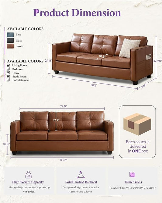 TYBOATLE 88" W Faux Leather Couches for Living Room w/Side Pockets, Tufted Mid-Century Modern Comfy Leather Couch w/USB and Wider Arms, 3 Seater Sofa for Office, Apartment, Bedroom, Brown