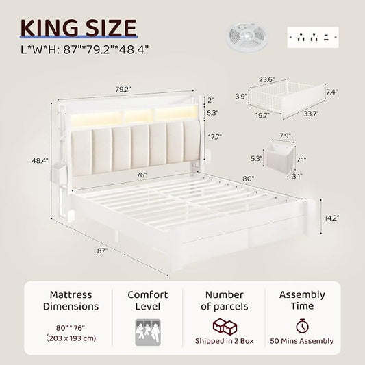 BRELTAM King Bed Frame with Headboard & Storage Drawers Metal Upholstered Platform Bed King Size with 2-Tier Storage, LED Light & Charging Station,No Box Spring Needed,Easy Assembly,White