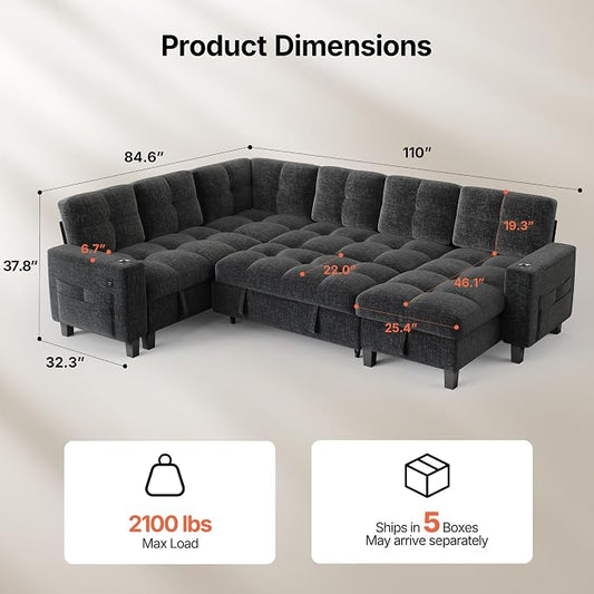 AMADA HOMEFURNISHING 110'' Modular Sectional Sleeper Sofa with Pull Out Couch, U Shaped 7 Seat Sectional Sofa with Storage, USB Ports & Cup Holders, Chenille Cloud Couches for Living Room, Dark Grey