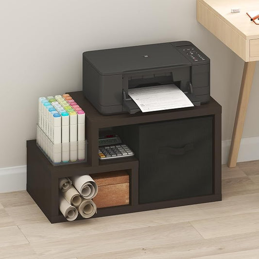 Furinno Viola Storage Shelf, 2-Tier Horizontal Display Rack with Drawer Bin, Extra Thick Frame Bookshelf, Open Back, for Organization, Living Room, Home Office, Black Dark Oak