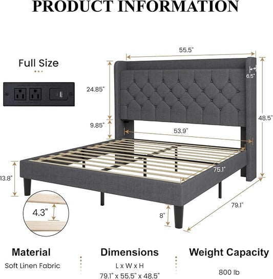 SHA CERLIN Full Size Platform Bed Frame with Charging Station, Linen Wingback Headboard with Storage Shelf, Wooden Slats Support, Ample Under-Bed Space, No Box Spring Needed, Easy Assembly, Dark Grey