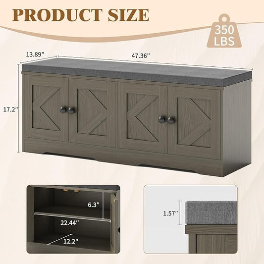 Apicizon Storage Bench with Seat Cushion, 2 Tier Entryway Bench with 4 Barn Doors, Adjustable Shelves, 47.36" Shoe Bench for Entryway Hallway Bedroom Living Room, Greige