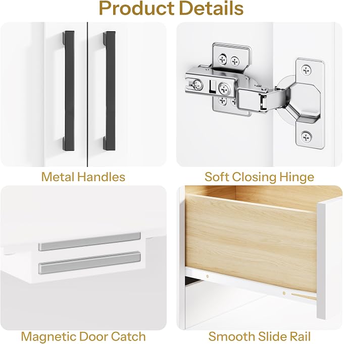 DynJest Armoire Wardrobe Closet with 2 Drawers, 70" Tall Clothing Storage Cabinet with Hanging Rod, 3 Open Shelves & 5 Hooks, 2 Doors Large Capacity Wooden Cabinet for Bedroom, White