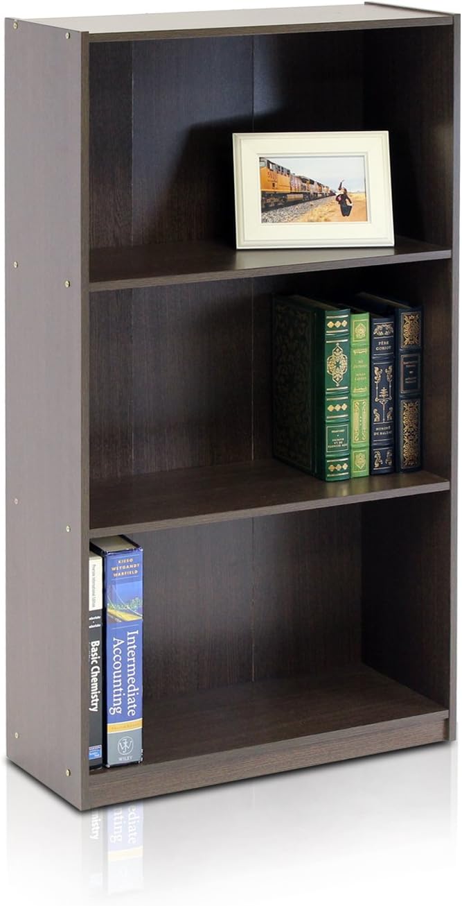 Furinno BASIC Book Shelf, 3-Tier Modern Bookshelf, Bookcase with Open Shelves, 9.3" x 21.8" x 39.5", for Living Room, Bedroom, Home Office, Dark Brown