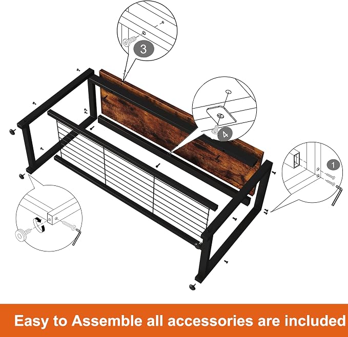 HOMEFORT Shoe Bench, Modern Industrial Shoe Storage Bench, Entryway Bench with Mesh Shelf and Sturdy Metal Frame, Metal Shoe Rack Bench for Hallway, Mudroom, Living Room, Rustic Brown