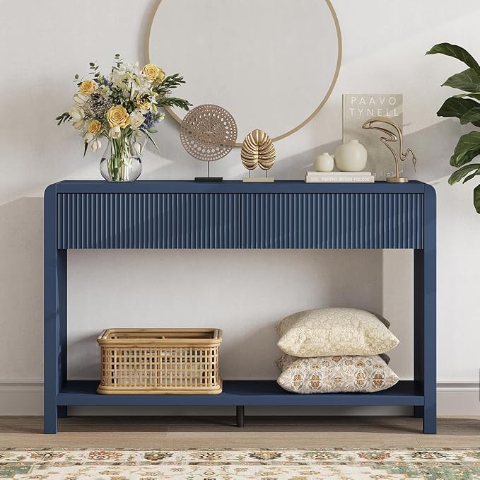FATORRI Console Sofa Table for Entryway, 47.2 Inch Wood Hallway Tables for Living Room, Modern Couch Table behinde Sofa with 2 Drawers for Foyer Storage (Blue)