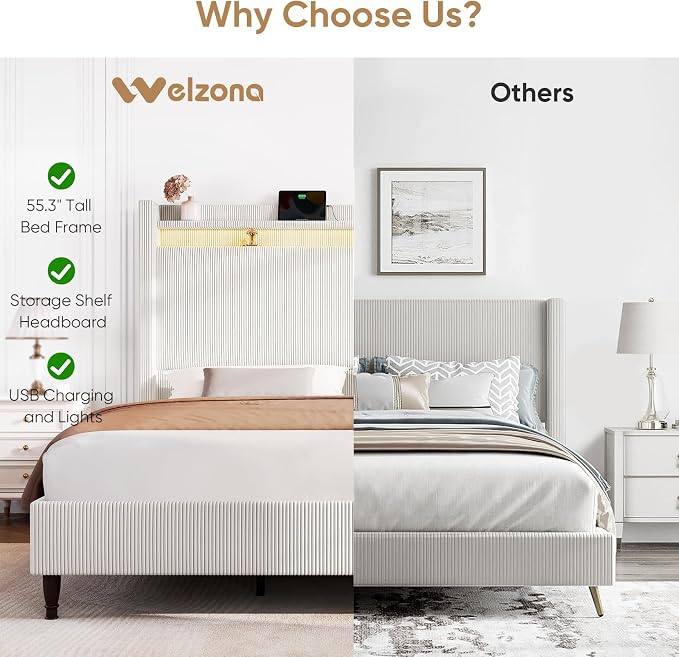 King Size Bed Frame with Tall Headboard, 55.3" Upholstered Platform King Bed Frame, Elegant Corduroy Wingback Bed with LED Lights & Charging Station, No Box Spring Needed, Solid Wood Slats, Cream