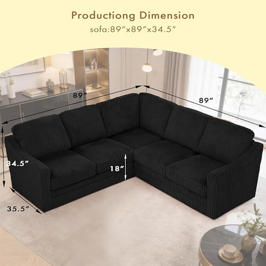 89 Inches Corduroy Sectional Sofa with High Density Sponge, Modern 5 Seats Corner Couch with Deep Seat, Comfy Modular L Shaped Couch with Comfortable Back Cushions for Living Room, Black