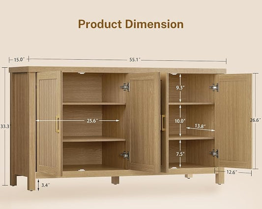 55" Buffet Cabinet with Storage, Large Sideboard Buffet Cabinet with 4 Adjustable Shelves, Modern Fluted Coffee Bar for Kitchen, Living Room, Natural