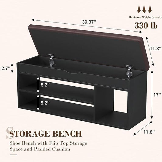 Apicizon 39 Inches Storage Bench with Padded Cushion, Shoe Bench with Storage Space, Upholstered Entryway Bench for Living Room, 2-Tier Shoe Rack Organizer, Black