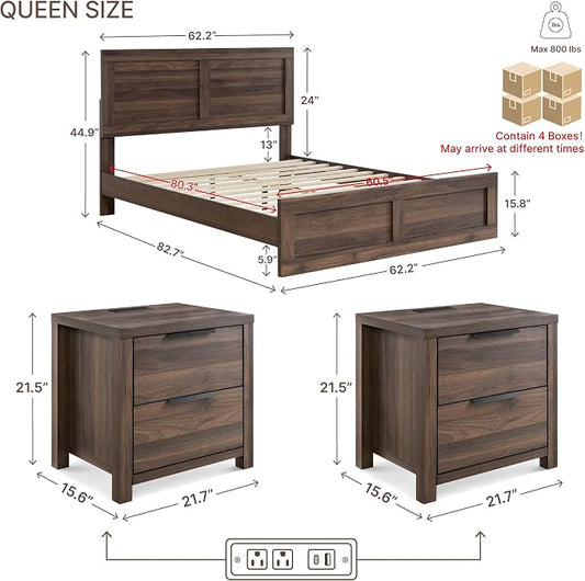 KISLOT 3 Pieces Bedroom Set, Wood Bed Frame with Upholstered Headboard & 2 Nightstands with Storage, Wooden Platform Mattress Foundation Farmhouse Bedroom Furniture Set