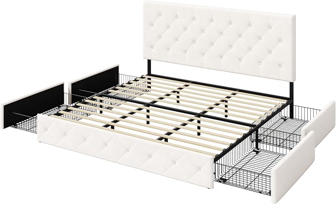 Allewie Upholstered King Size Platform Bed Frame with 4 Storage Drawers and Adjustable Headboard, Diamond Button Tufted, Wooden Slats Support, Noise-Free, No Box Spring Needed, Easy Assembly, White