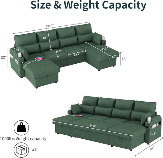 104.7" U-Shaped Sectional Sofa Couch, Pull-Out Sleeper Sofa Bed with Storage Chaise, Double Cup Holders, Dual USB Charging Ports, Couches for Living Room Apartment