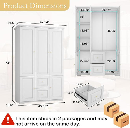White Wardrobe with 2 Drawers: 74" Large Wardrobe Closet for Hanging Clothes, Tall Armoire Closet with 3 Doors, Bedroom Armoires with Hanging Rod (47")