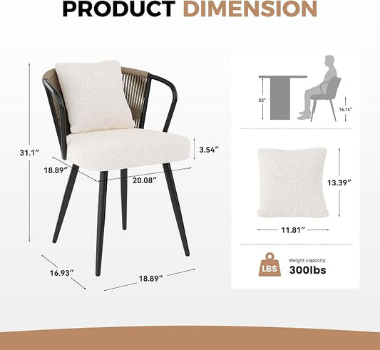 Rope Weaving Dining Chairs Set of 4, Modern Rattan Upholstered Kitchen Chair with Metal Legs, Ergonomic Curved Backrest, Living Room Chairs with Throw Pillow for Kitchen, Brown