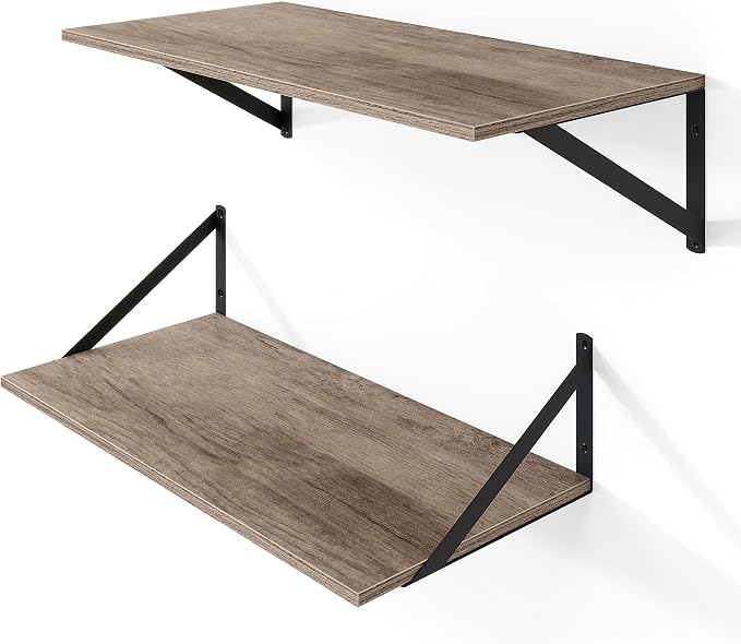 Heimlove Deep Floating Shelves for Wall, 24W x 12D Rustic Grey Wood Wall Shelves Set of 2, Large Floating Shelf for Living Room, Kitchen, Office, Bedroom and Decor Storage, with Metal Bracket - Grey