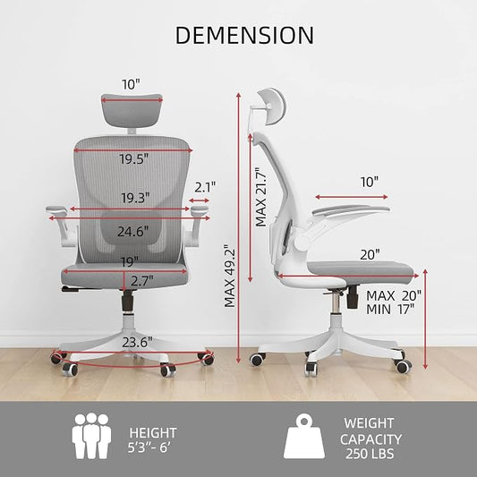 Monhey Ergonomic Office Chair, 90°-125° Tilt Back Home Desk Chair with 360° Swivel & Mute Wheels, High Back Mesh Computer Chair for Adults with Lumbar Support, 330 LBS Capacity (01White+Gray)