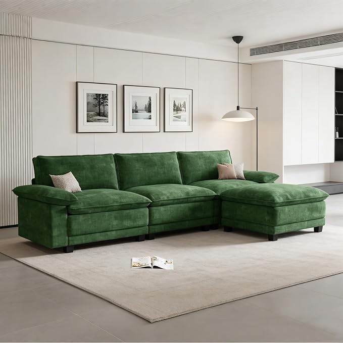 Modern L Shaped Sofa Couches for Living Room, Modular Sectional Cloud Couch with Movable Ottoman, Comfy Chenille Sofa for Apartment and Small Space, Green