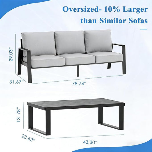 Outdoor Couch 3-Seat All-Weather Metal Outdoor Sofa Wite Outdoor Coffee Table (Black/Light Grey, 3-Seat Sofa+ Coffee Table)
