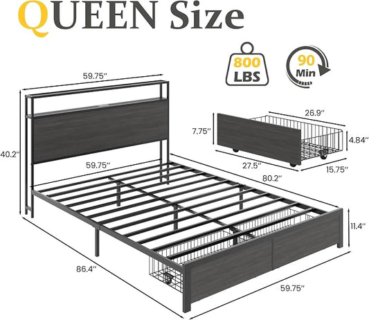 Lifezone Queen Bed Frame with 2-Tier Storage Headboard, Bedroom Metal Bed Frame with 2 Storage Drawers & Fast-Charging Station & LED, Noise-Free, No Box Spring Needed, Easy Assembly, Rustic Grey