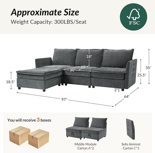 HULALA HOME 97'' Modular Sectional Sofa, L Shaped Couch with Storage Ottoman, Comfy Chenille Sofa with Deep Seat, 4 Seat Convertible Sectional Couches for Living Room, Grey