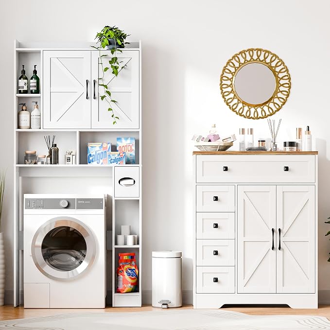 Vabches Farmhouse Storage Cabinet with 2 Doors and 5 Drawers, Freestanding Bathroom Cabinets Kitchen Pantry, Floor Storage Cabinet Hutch Cupboard for Living Room/Bathroom/Kitchen. Unique White