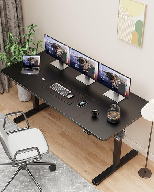 63" Electric Standing Desk Adjustable Height, Sit Stand up Desk for Home Office & Computer Workstation, 2 Memory Height Settings, Splice Board, 2 Hooks, Black Frame/Black Top
