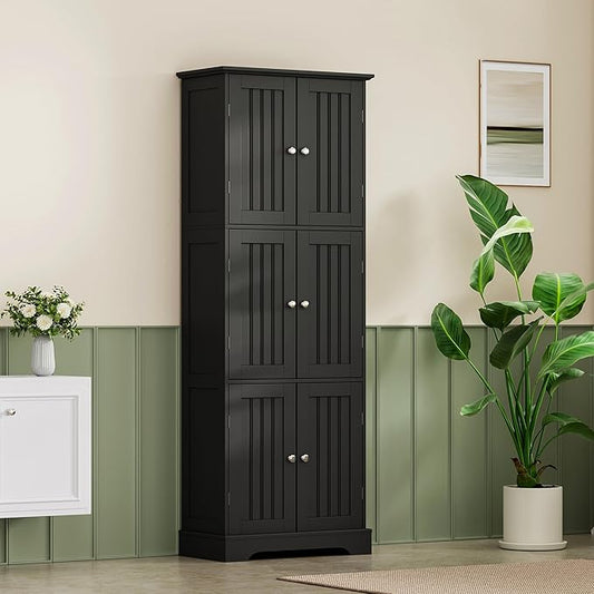 ChooChoo Tall Bathroom Storage Cabinet with 6 Doors, Freestanding Floor Cabinet with Adjustable Shelves, Black Pantry Cabinet for Bathroom, Kitchen, Laundry Room