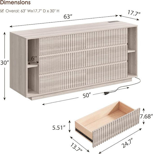 Whalefall 63 Inch Fluted 6 Drawers Dresser with Shelves, White Alder | Large Chest of Drawers for Bedroom, Mid Century Modern, Wood Closet Storage Organizer, Pedestal TV Stand for Living Room