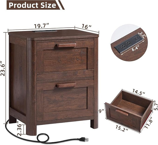 Joaxswe Farmhouse Night Stand with Charging Station, End Tables Bedroom with 2 Large Drawers & 4 Thickened Table Legs, Walnut