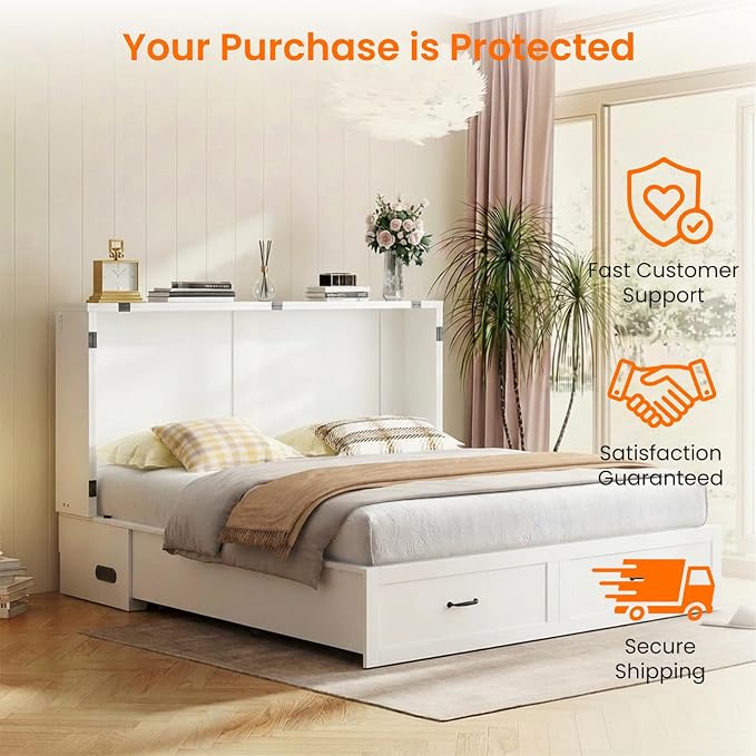 CECER Queen Size Murphy Bed with Storage & Charging Station,Multi-Functional Murphy Cabinet Bed with Mattress Included for Bedroom/Guest Room/Small Space,Easy Assembly -White | Built-in Multi-Port Charging Station & Large Storage Drawer,Sturdy frame & ...