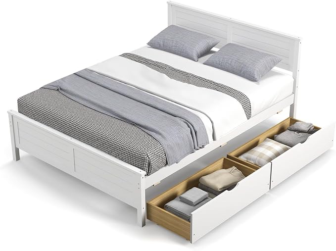 KOMFOTT Full Size Wood Bed Frame with 2 Storage Drawers, Mid Century Platform Bed Frame with Headboard, Sturdy Wooden Slats Support, Modern Mattress Foundation, No Box Spring Required, Easy Assembly