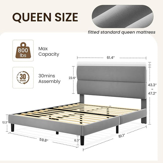 GRUSIGN Queen Size Platform Bed Frame with Velvet Headboard, Adjustable Height Wooden Slats Support, Upholstered Mattress Foundation, Fits Mattress or Mattress with Box Spring, Easy Assembly, Grey