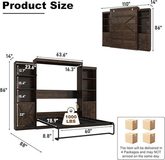 Hlivelood Queen Size Murphy Bed w/2 Storage Cabinet&2 LED Light, Farmhouse Wood Hidden Foldable Wall Bed Frame, Storage Bed Cabinet for Bedroom, Office, Space-Saving, No Box Spring Needed, Brown