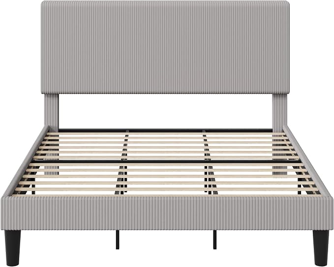 Allewie King Size Upholstered Bed Frame with Vertical Channel Tufted Headboard, Soft Corduroy Fabric Platform Bed, Strong Wooden Slats Support, Easy Assembly, No Box Spring Needed, Light Grey