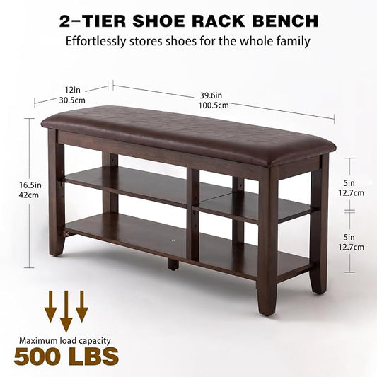 PY HOME & SPORTS Shoe Rack for Entryway 39.4": 2-Tier Shoe Storage Bench, Adjustable/Removable Shelves, Rubberwood Shoe Benches for Hallway, Porch, Bathroom, Brown