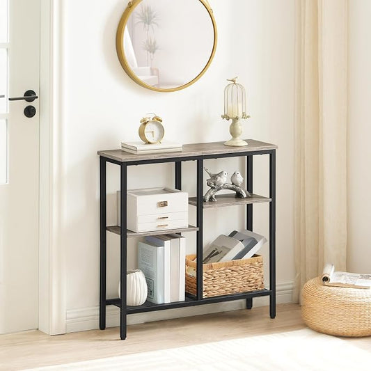 HOOBRO Narrow Console Table, Sofa Table, 4-Tier Industrial Entryway Table with Metal Mesh Shelf, Hallway Table with Adjustable Feet, for Entryway, Living Room, Hallway, Greige and Black BG79XG01
